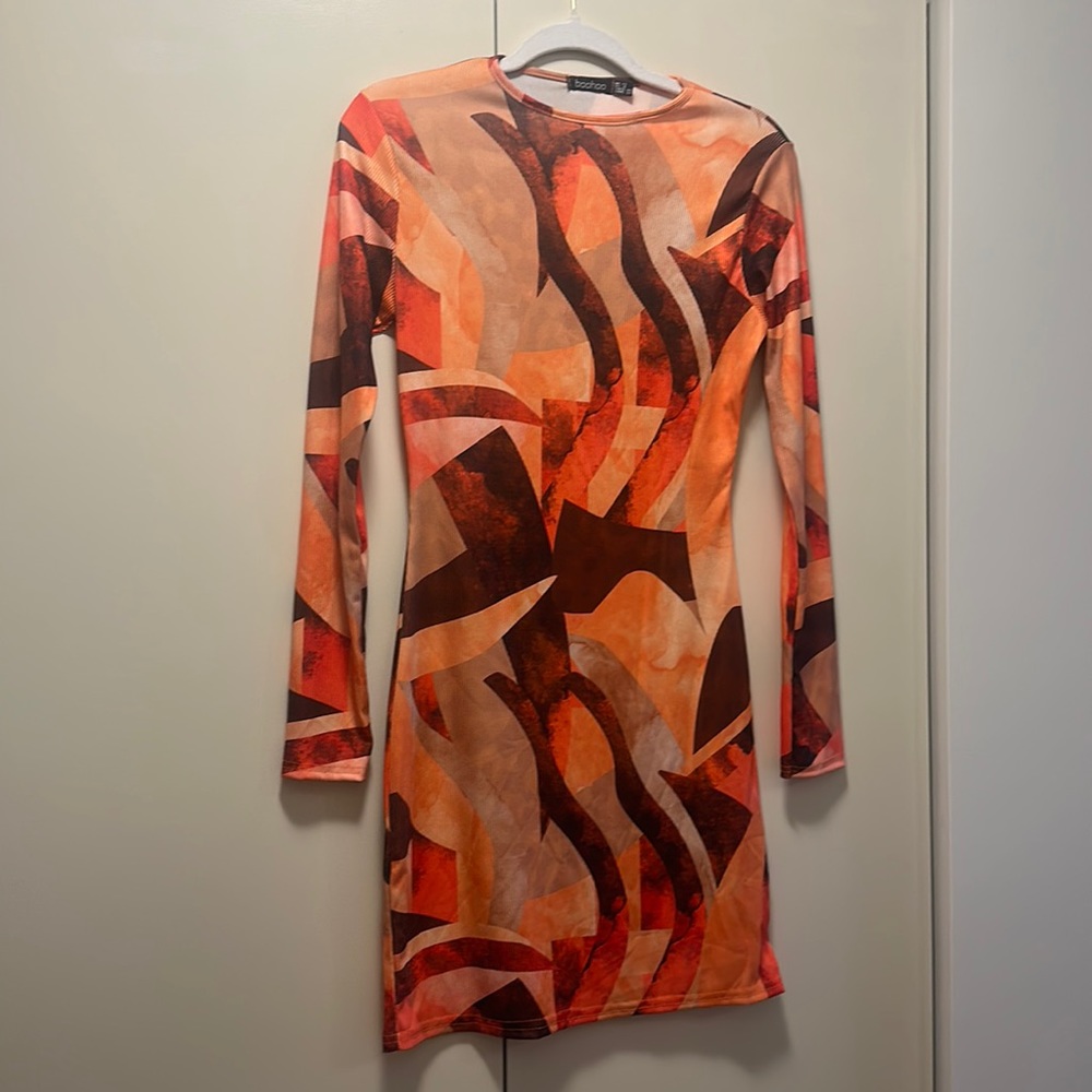 Boohoo Abstract Rib Long Sleeve Bodycon Dress